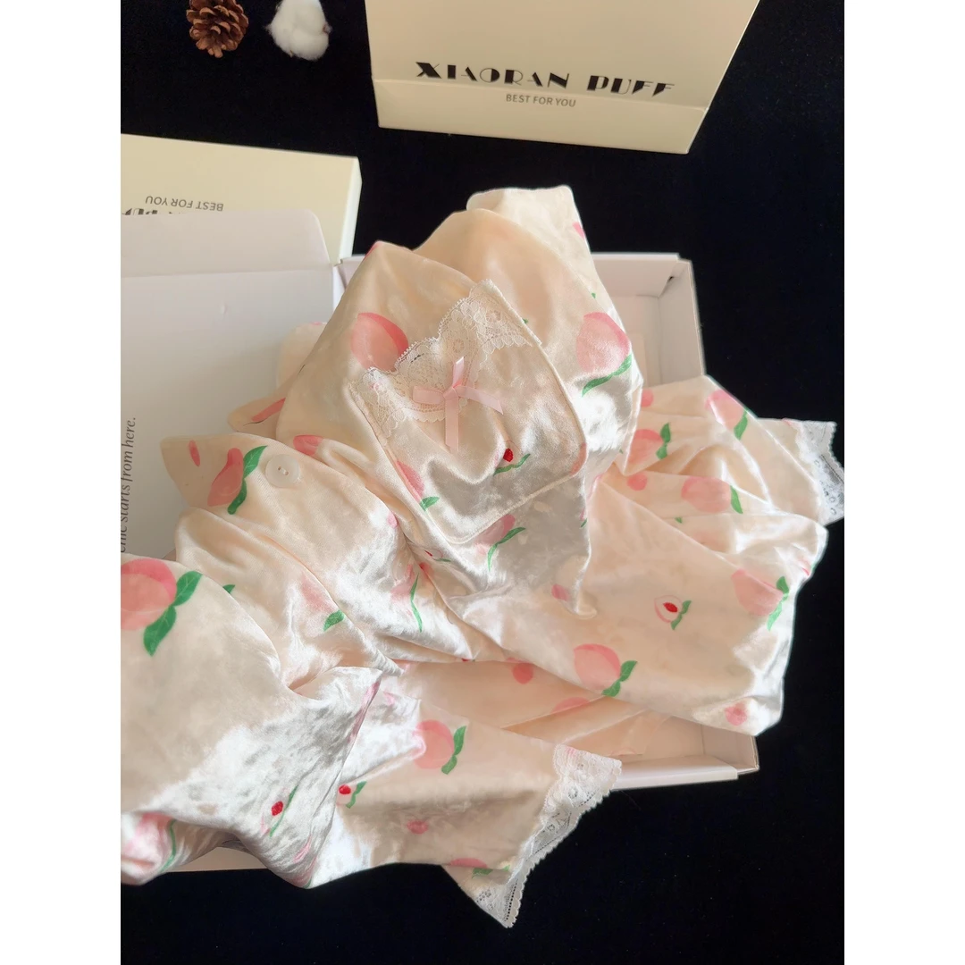 【DMXJ大梦想家】金丝绒水蜜桃蕾丝拼接睡衣女款秋季新款家居服套装
