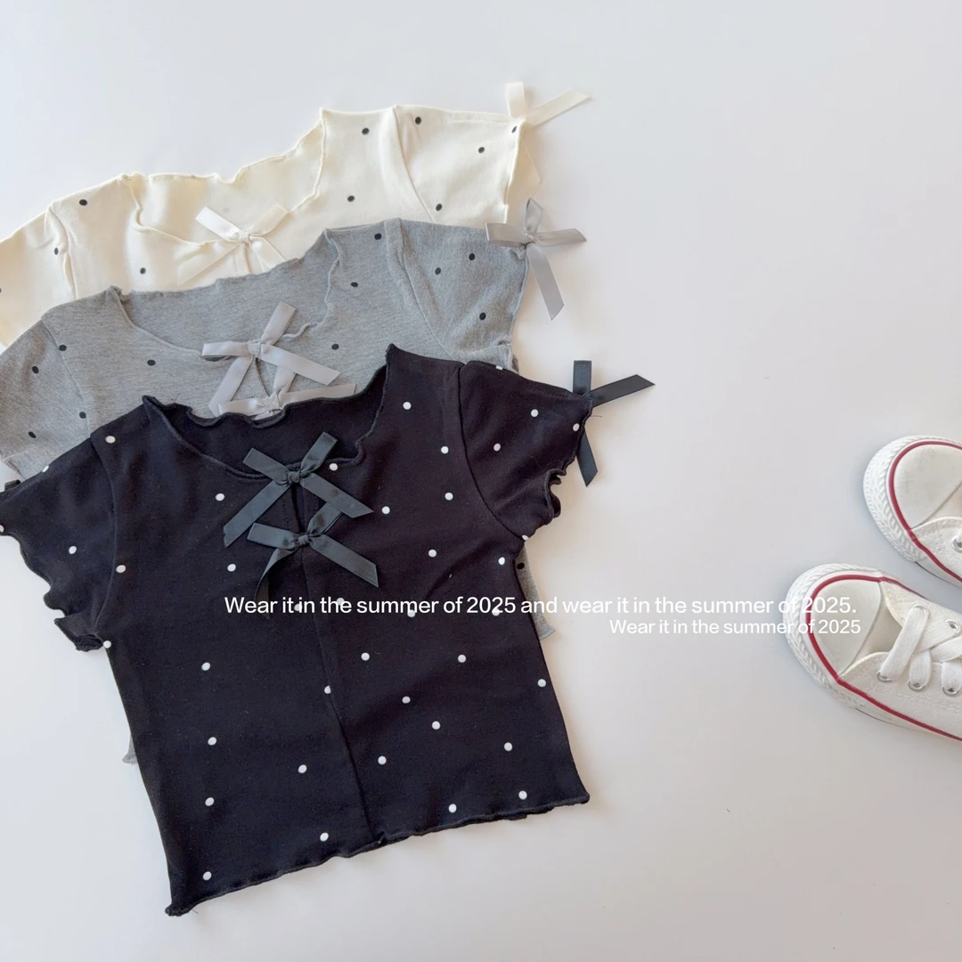 女童夏短袖T恤 2025新款儿童波点蝴蝶结t 短款打底衫上衣洋气百搭