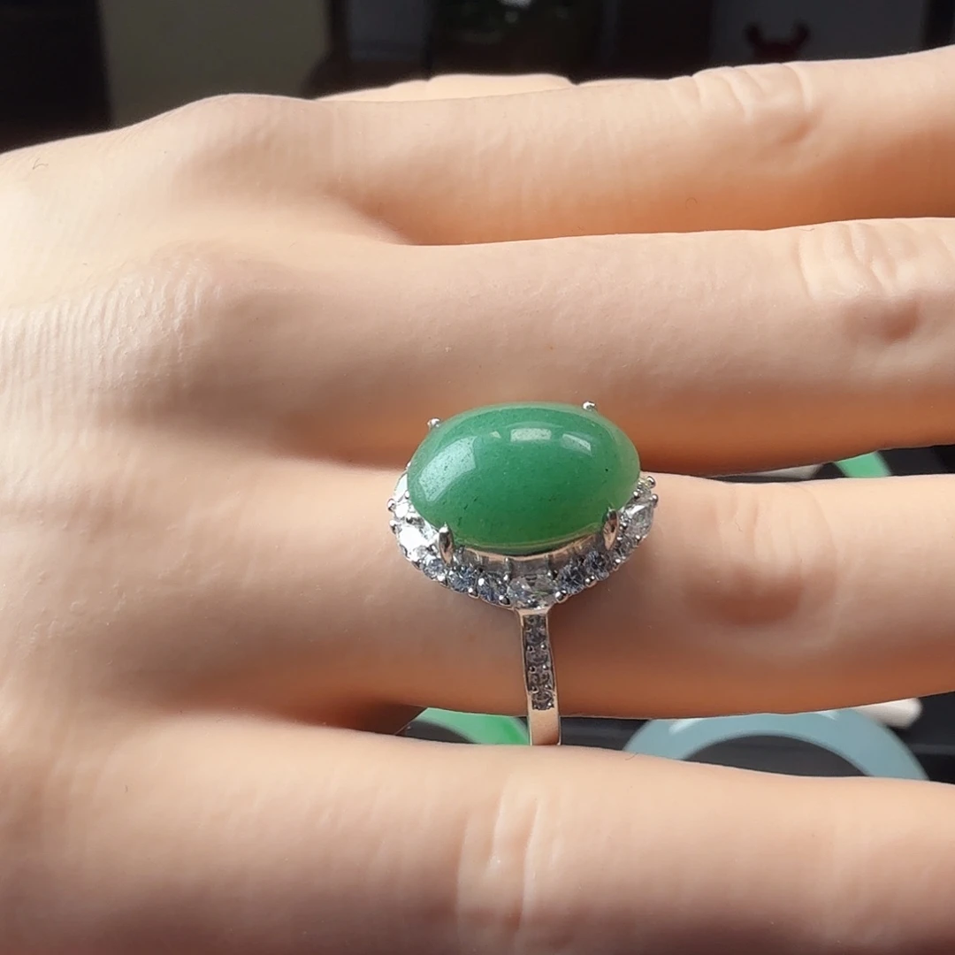 石英岩玉银S925镶嵌nbd天然密玉女士戒指
