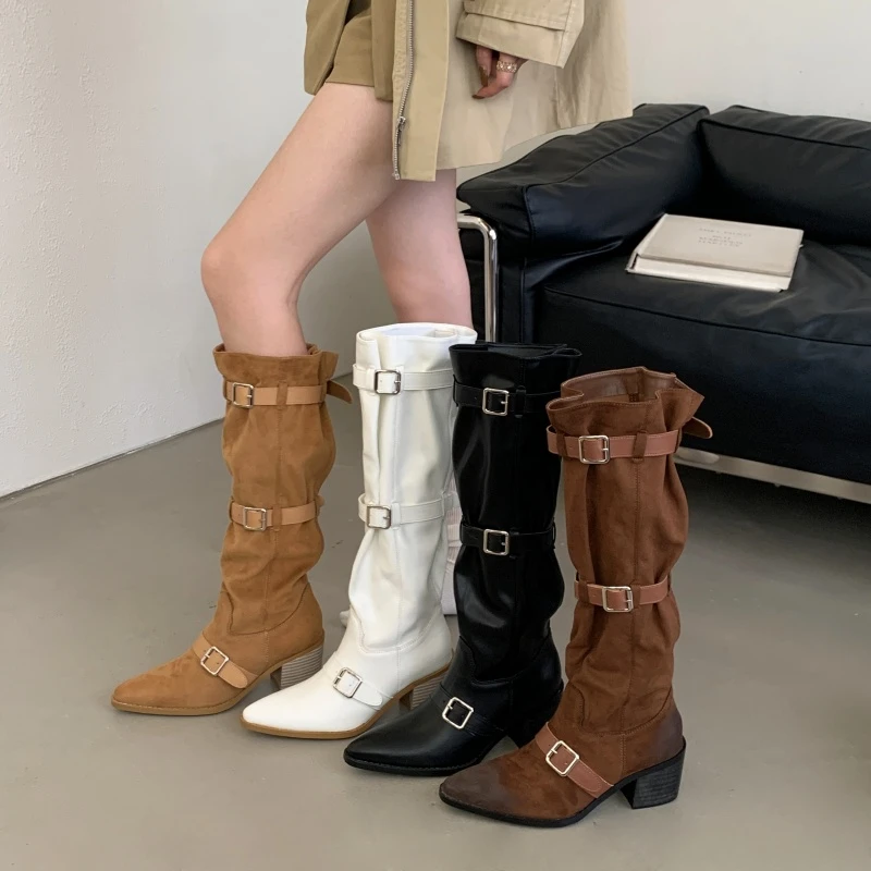 美拉德靴子百搭不过膝长靴女粗跟尖头瘦瘦靴欧美长筒靴西部骑士靴