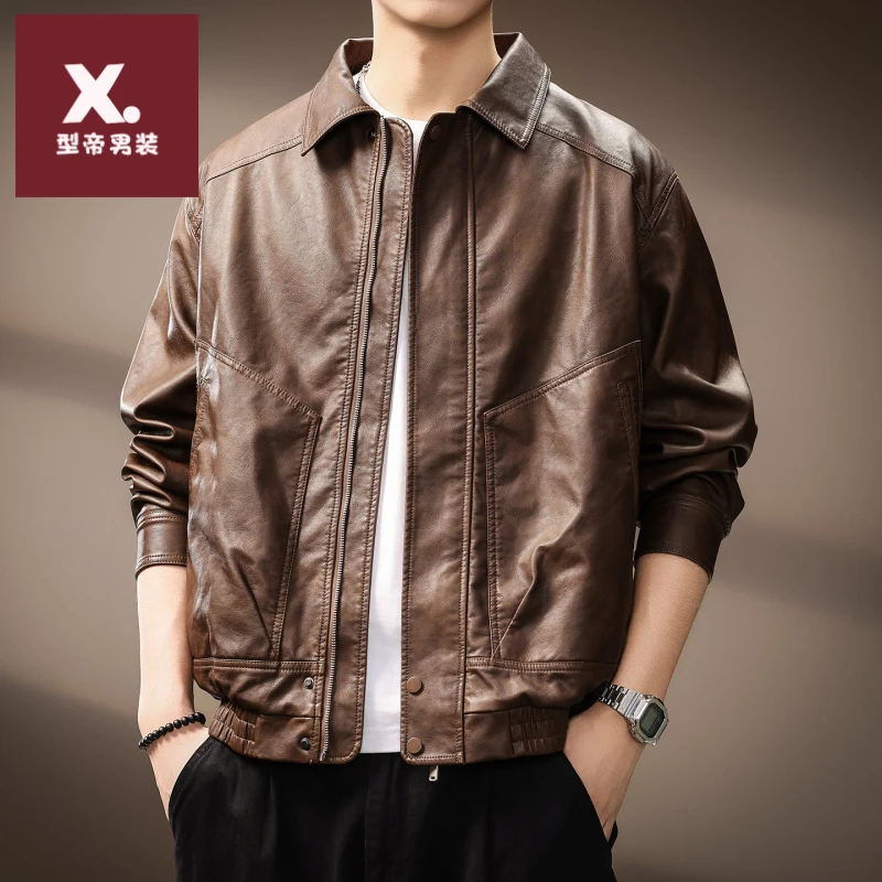 高端美式复古咖配色翻领机车皮衣男2025秋季休闲百搭宽松夹克外套