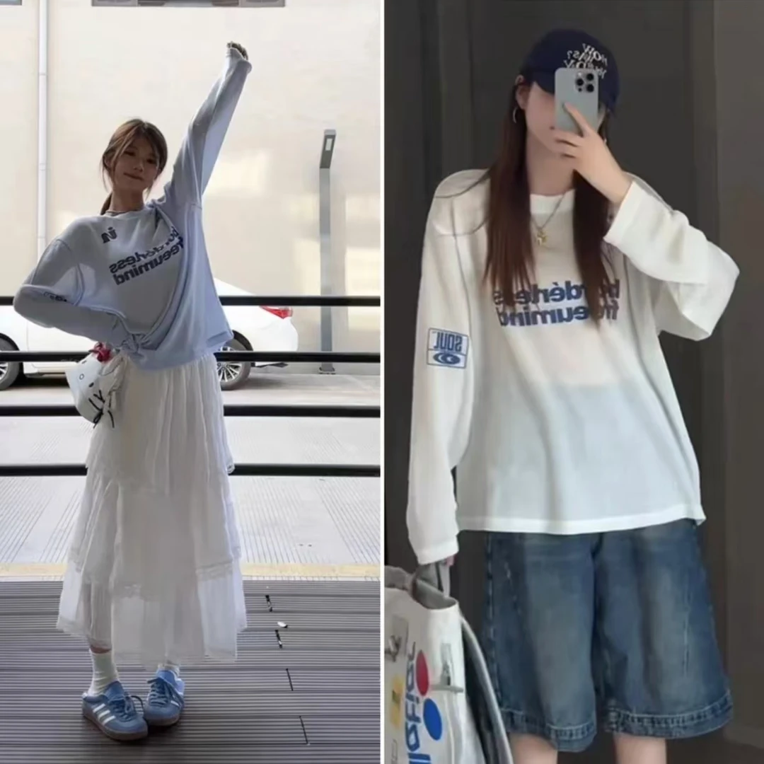 韩系高个(露思同款)母印花夏季圆领2025韩版字母长袖宽松T恤女