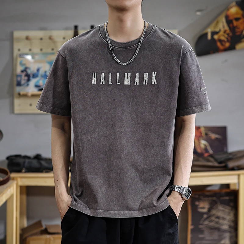 aoyu/遨宇高端美式复古雪花水洗男士t恤短袖2025新款潮牌刺绣体恤