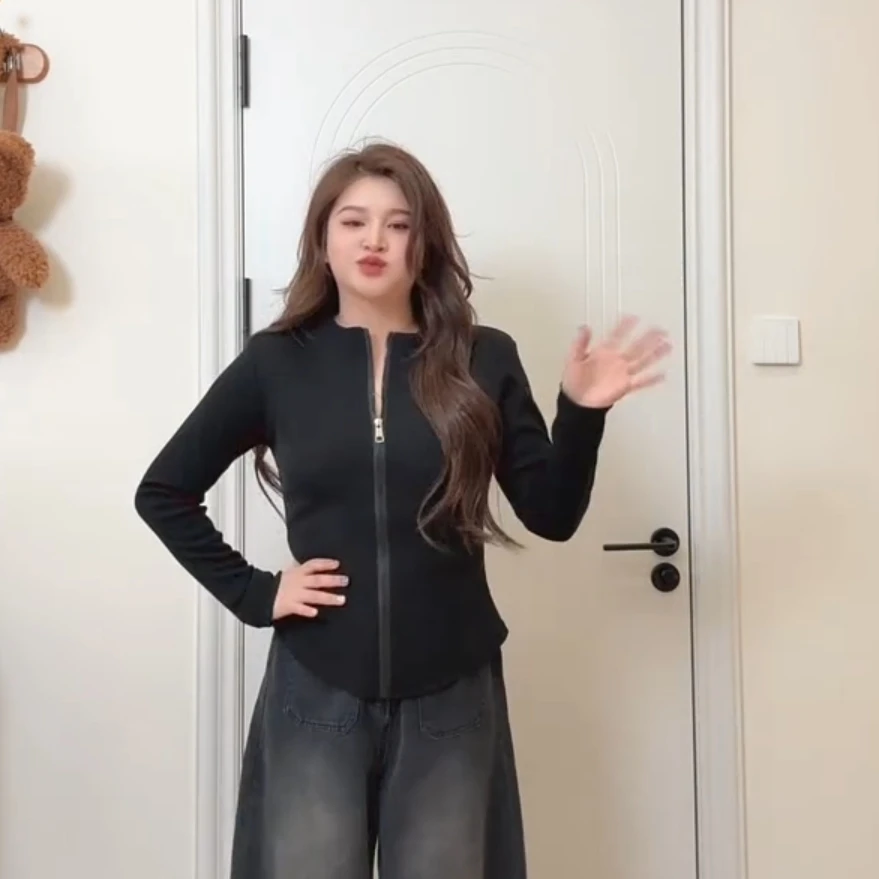 加肥大码修身显瘦长袖休闲立领辣妹拉链时尚运动瑜伽彩色外套上衣