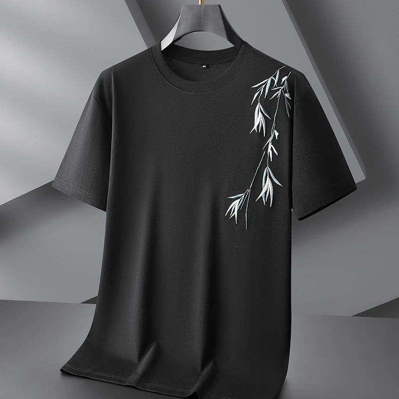 【73.5%棉吸汗透气】夏季大码男士百搭T恤纯色刺绣百搭圆领上衣3012