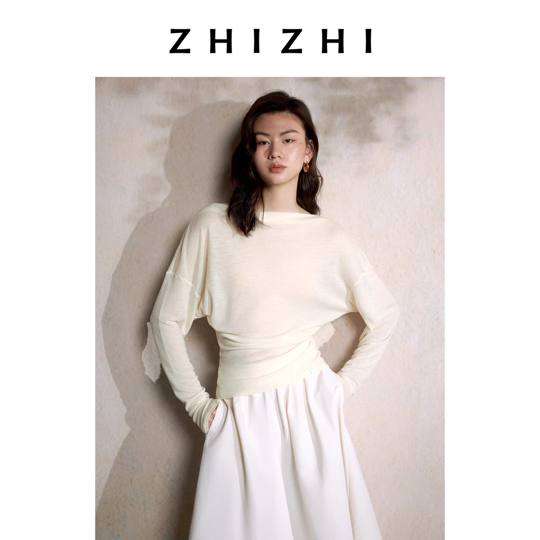 致知 花幕暗 全羊毛针织斜肩T恤25年秋季新款一字领ZZ2EAWT1001