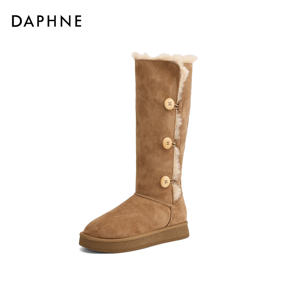 达芙妮冬季新款雪地靴女皮毛一体加绒加厚保暖长筒靴三粒扣高筒靴