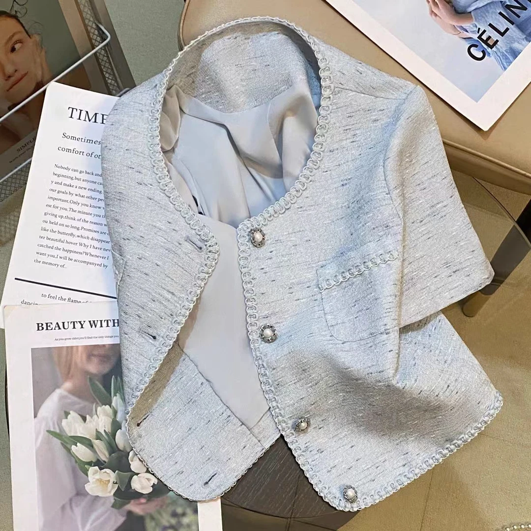 2025夏季新款高级质感蓝色小香风短外套女时尚百搭轻熟显瘦上衣潮