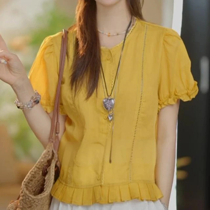 法式时尚甜美宽松显瘦短袖衬衫女2025夏季高级感独特别致衬衣上衣