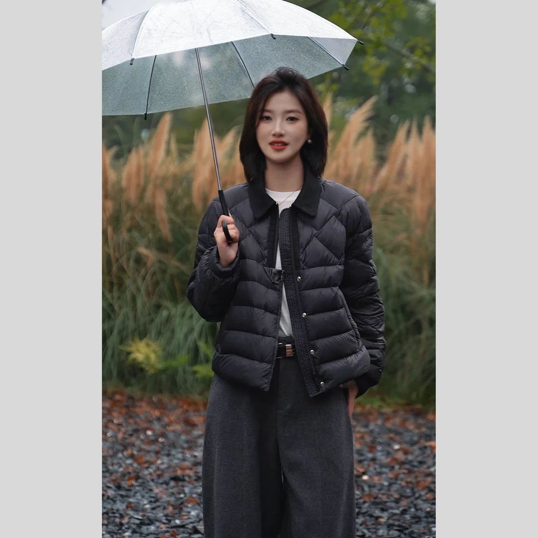 2025新季极简风短款翻领纯色宽松型女士立领休闲简约羽绒服1021