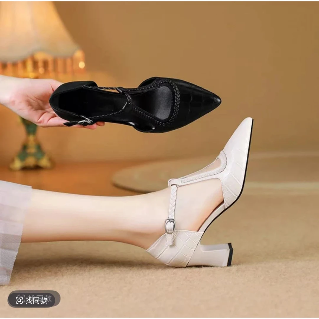 珂2025年春夏款仙女风百搭韩版包头凉鞋交叉绑带显瘦粗跟高跟鞋