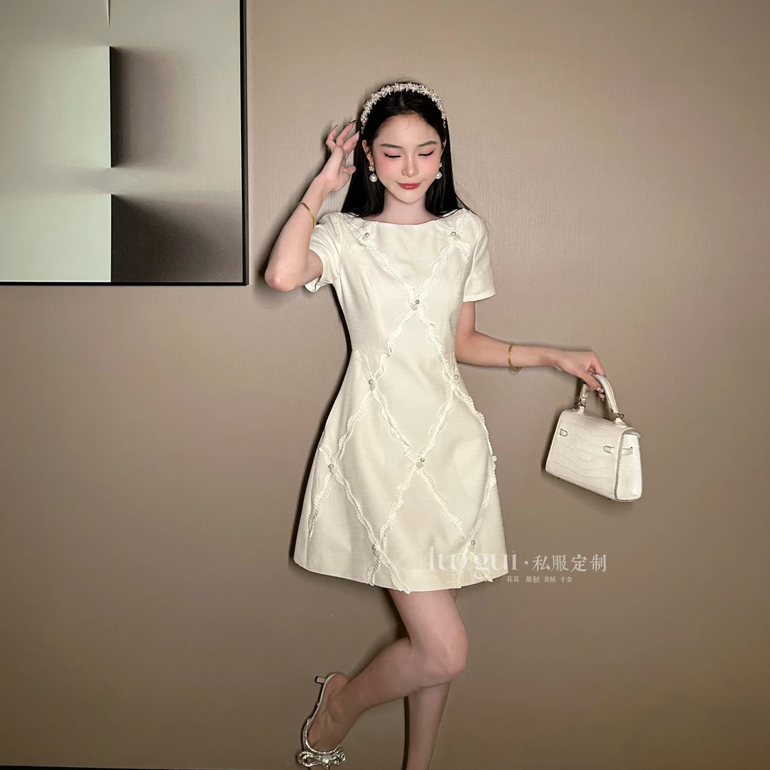 【花花原创】轻奢设计感气质显瘦名媛修身小个子复古连衣裙21726