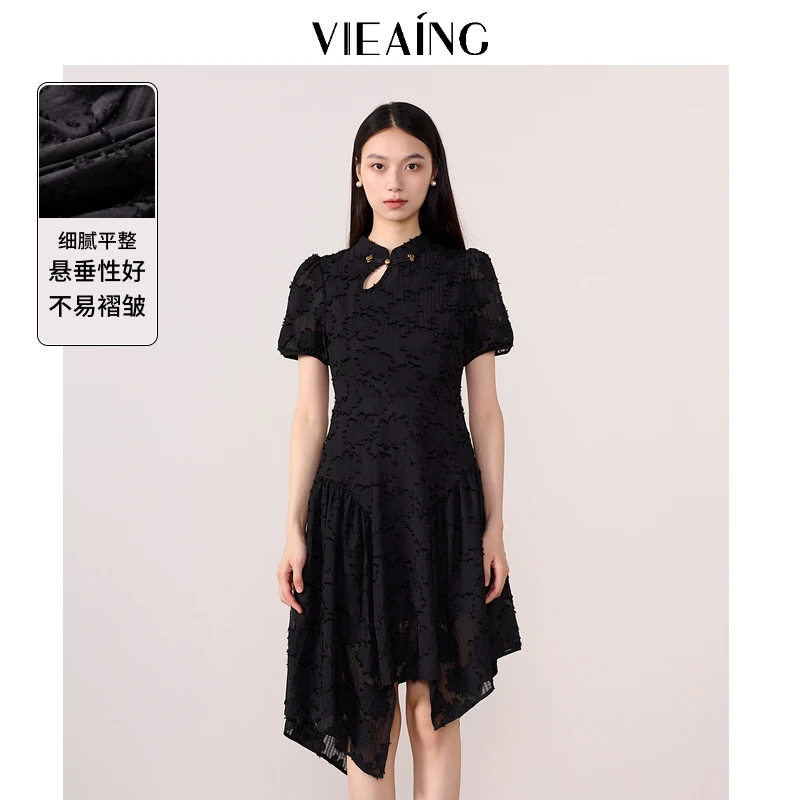 VIEA.ING薇迎新中式短袖连衣裙女装女夏季新款黑色立领盘扣裙子