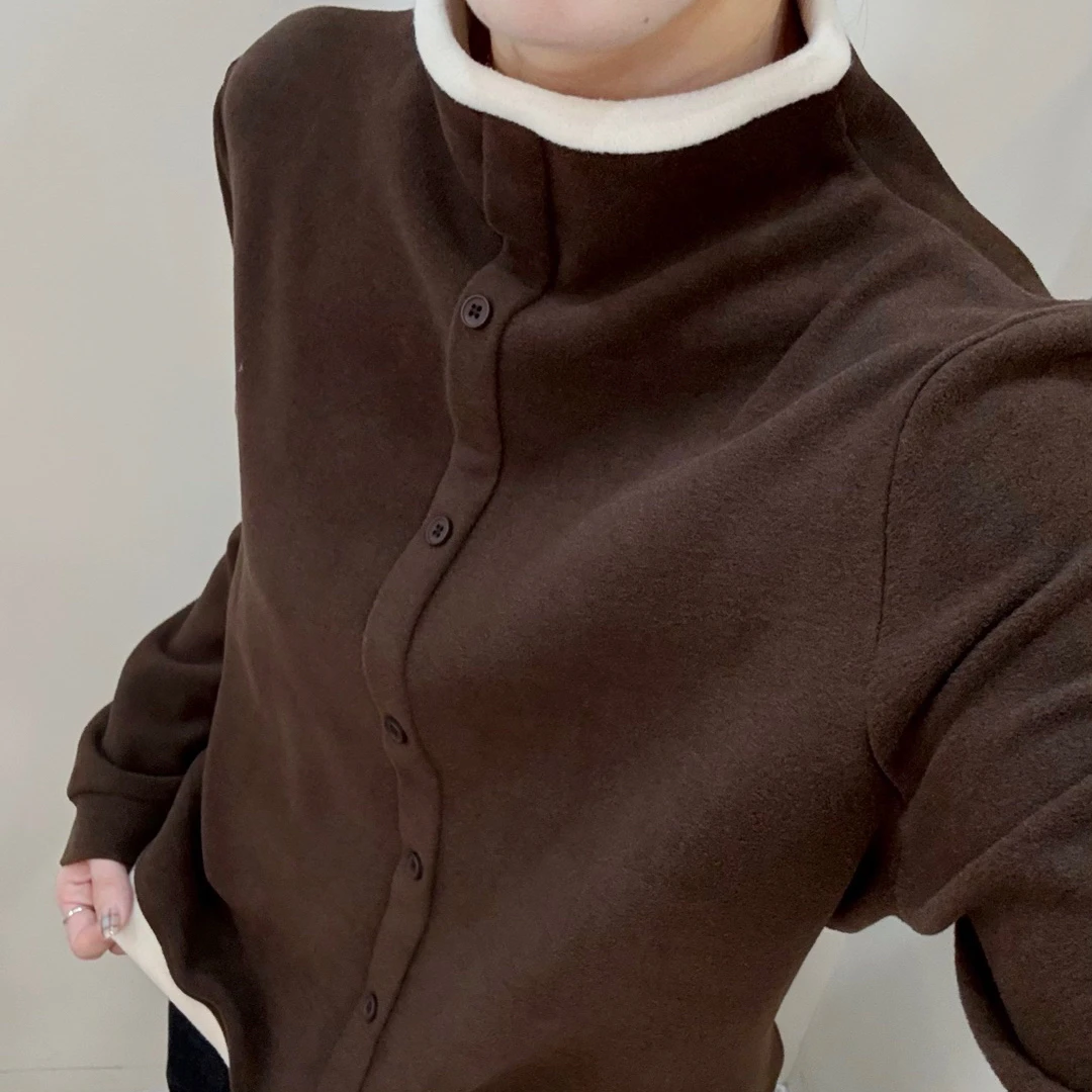 DMG撞色立领长袖德绒T恤女秋冬新款时尚气质加厚打底衫上衣潮3127