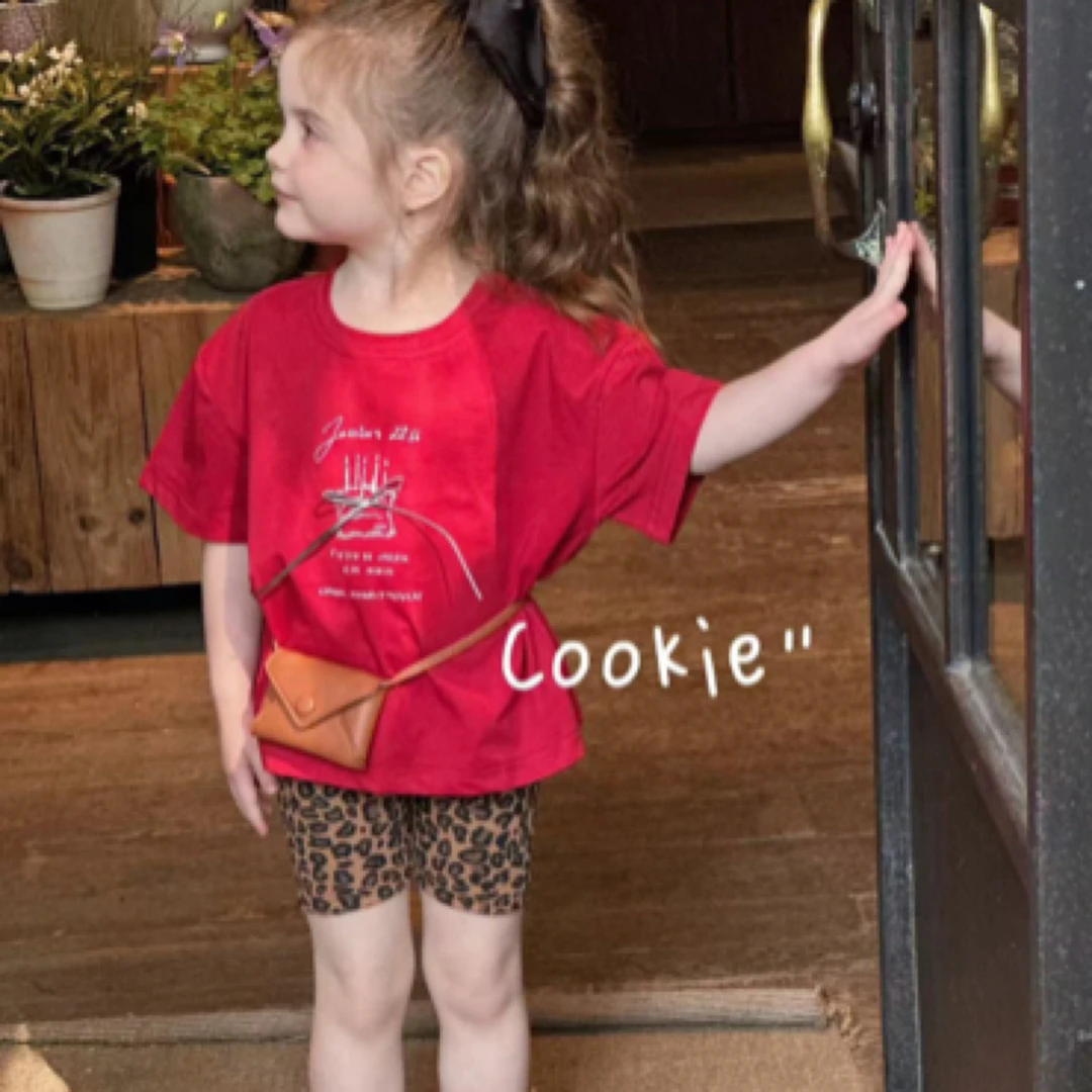 『cookie』小饼干25夏女童红色短袖t恤➕豹纹骑行裤两件套休闲套装