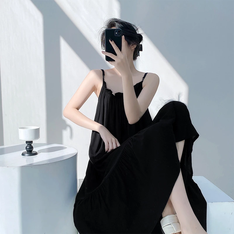 新款棉绸吊带睡裙性感时尚印花无袖长款连衣裙露背睡裙休闲夏季款