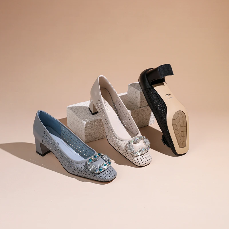 圣琳妃/羊皮/5CM法式水钻方头气质高跟单鞋女粗跟百搭女鞋D20203