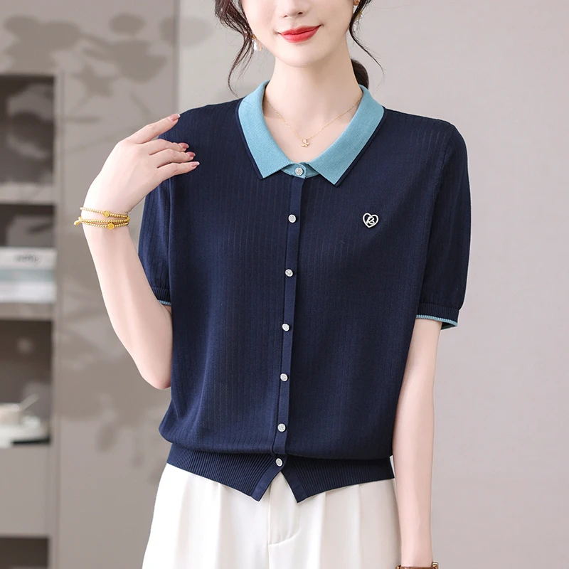 薄款宽松短袖t恤新款夏装漂亮好看上衣气质高级感冰丝针织衫拼色