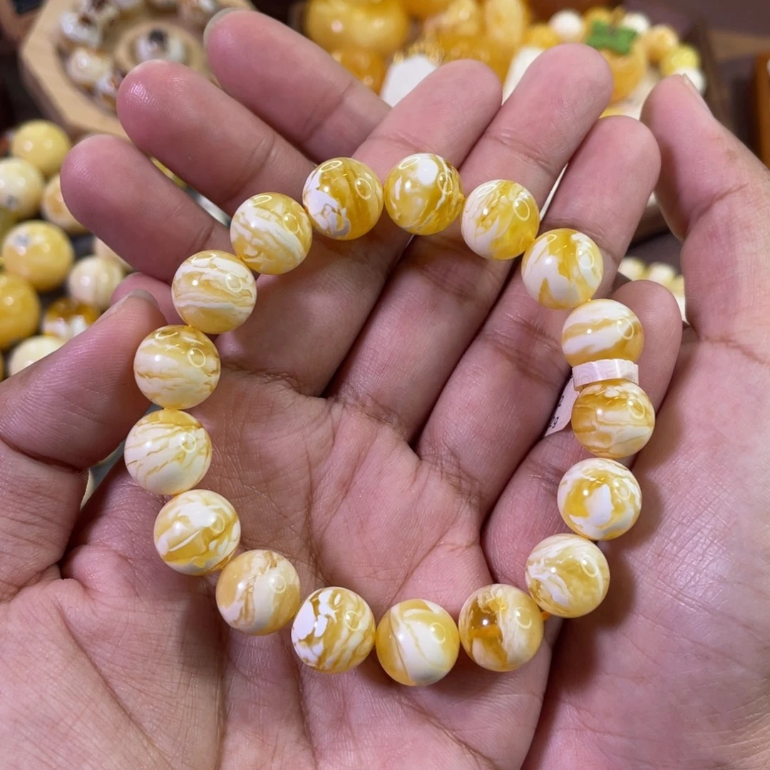 蜜蜡未镶嵌裸石12mm 俄料金瓷白妖花溶洞圆珠单圈LZ362