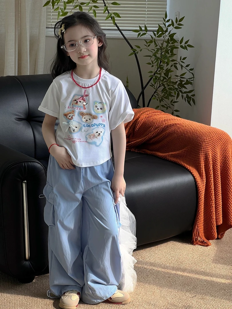 夏季新款女童短袖T恤休闲裤时尚洋气套装工装裤两件套韩系