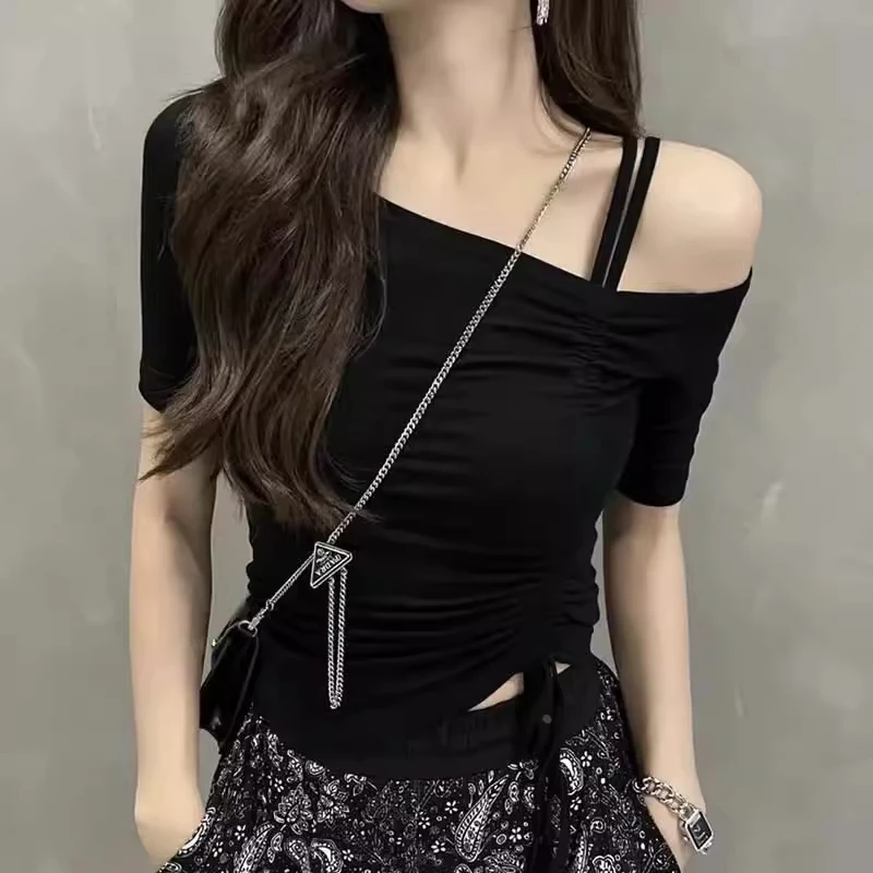 大码胖MM斜肩露肩短袖T恤女夏季新款设计感修身显瘦抽绳辣妹上衣