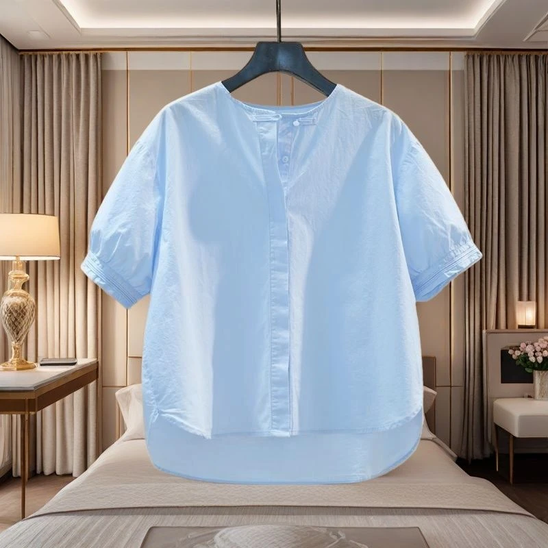 纯棉圆领衬衫女夏季新款韩版休闲短袖薄款衬衣宽松显瘦洋气上衣潮