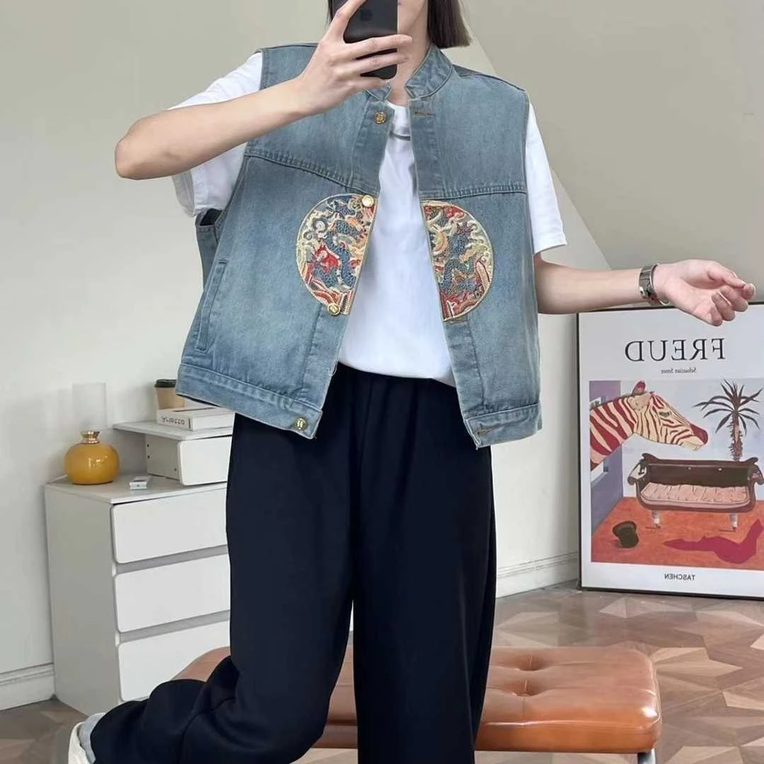 2025夏季马甲外套高级感不规则重工刺绣遮肉新中式国风牛仔外套