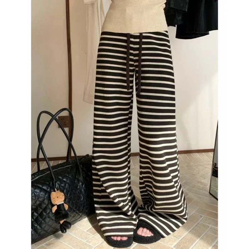 加绒加厚2025冬季新款抽绳休闲宽松慵懒条纹阔腿裤子女直筒阔腿裤