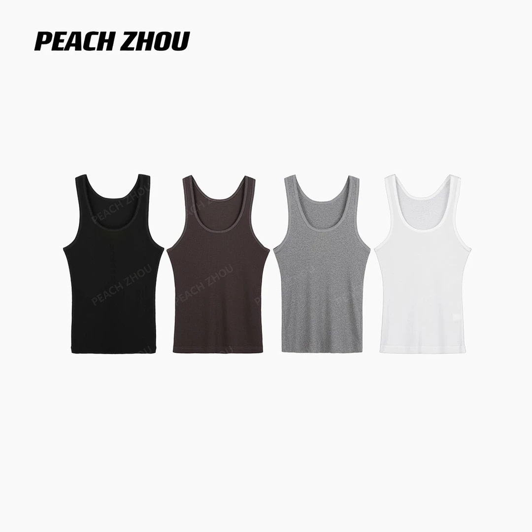 『PEACHZHOU』高捻肌理罗纹纯棉弹力修身打底U领背心基础休闲吊带女