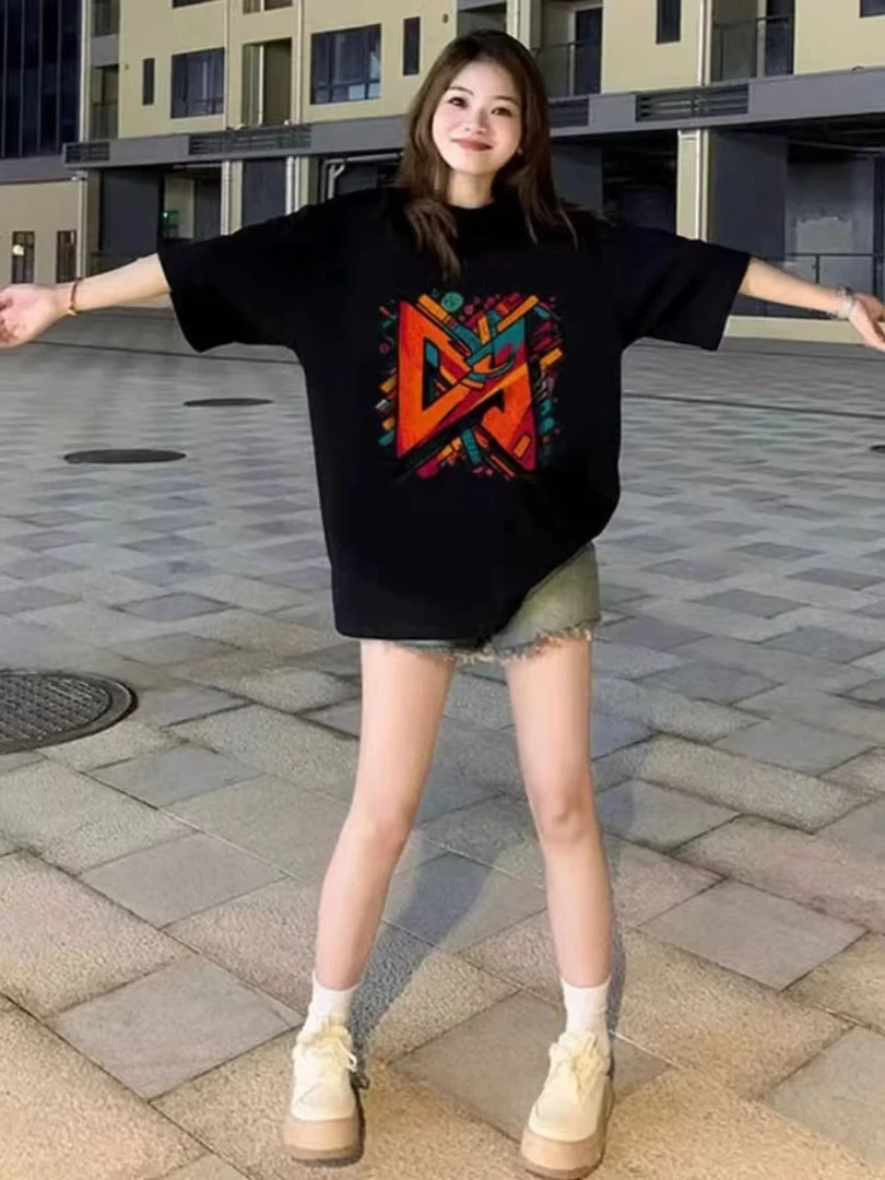 2025新款爆款黑色短袖t恤女夏季装减龄显瘦上衣落肩宽松女士半袖