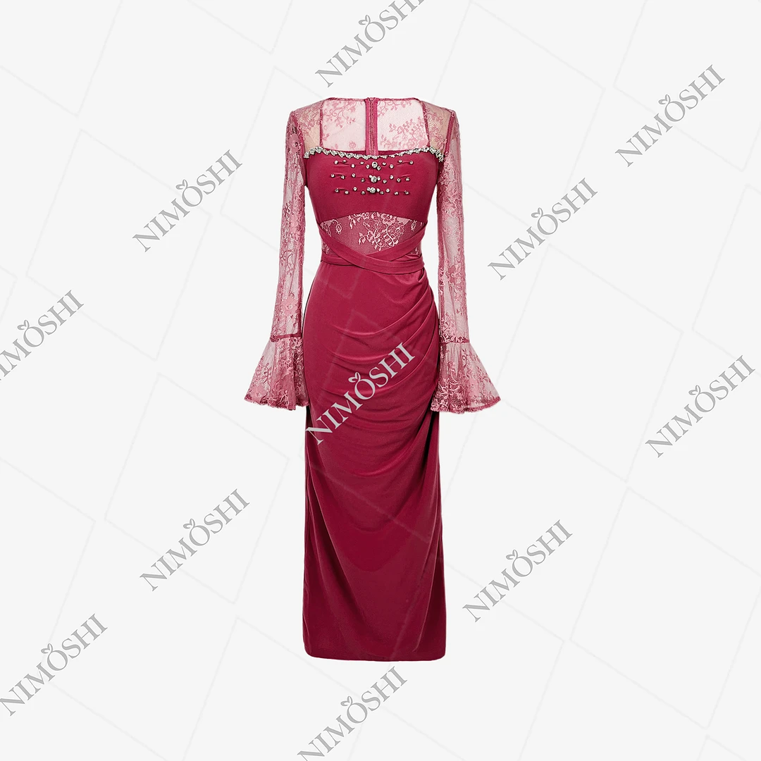 NIMðSHI【美美】韩系轻奢圆领镶钻喇叭袖气质显瘦款连衣裙女Q1193