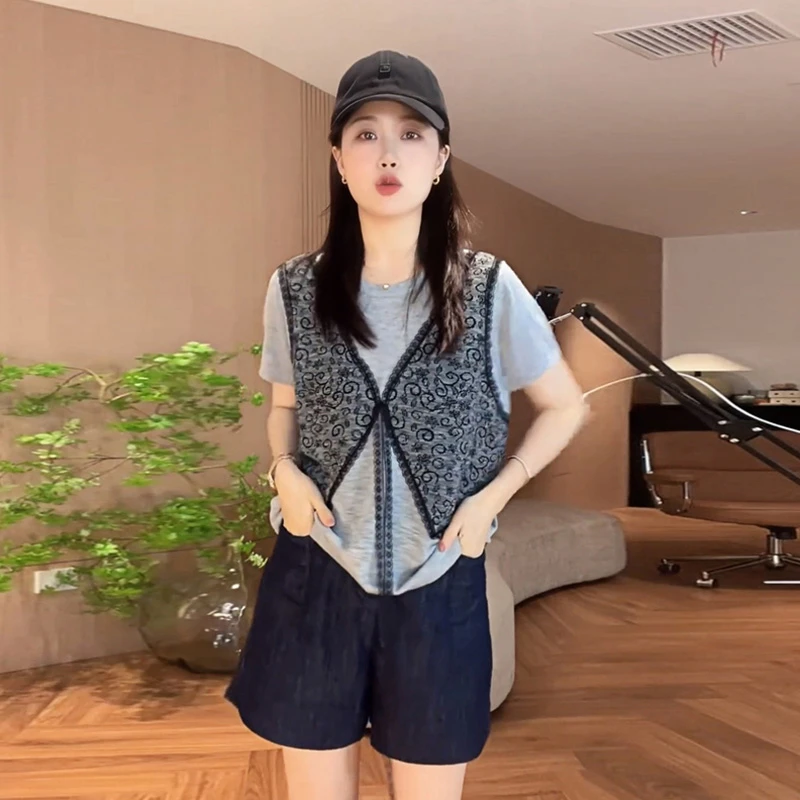 蕾丝拼接洋气假两件T恤2025夏季新款韩系美式复古漂亮小众上衣潮