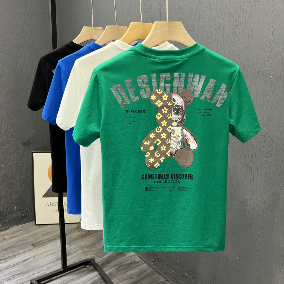 潮牌网红小熊字母印花圆领短袖T恤男士帅气棉质半袖汗衫2025新款