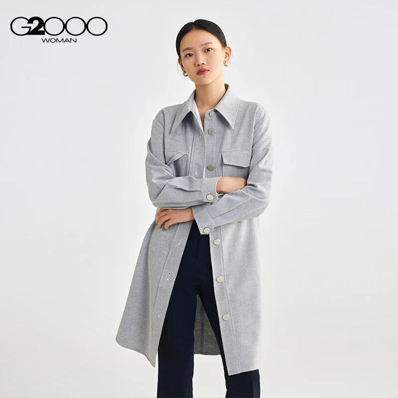 【舒适弹性】G2000女装秋冬商场款配送腰带翻领中长款外套