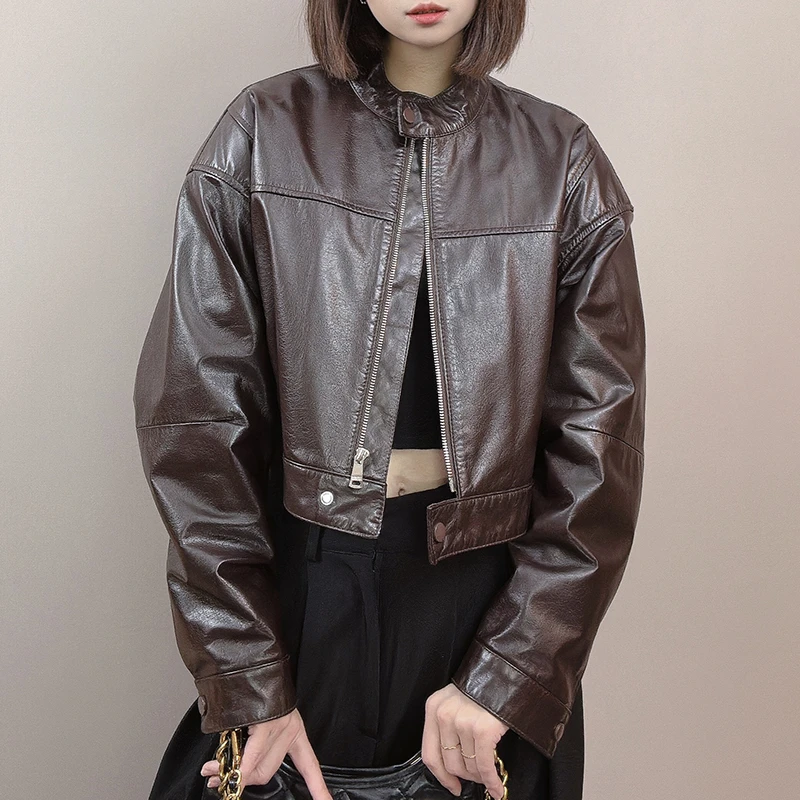 C108-2513 WSS海宁2025年春季新款真皮皮衣女短款韩版宽松外套