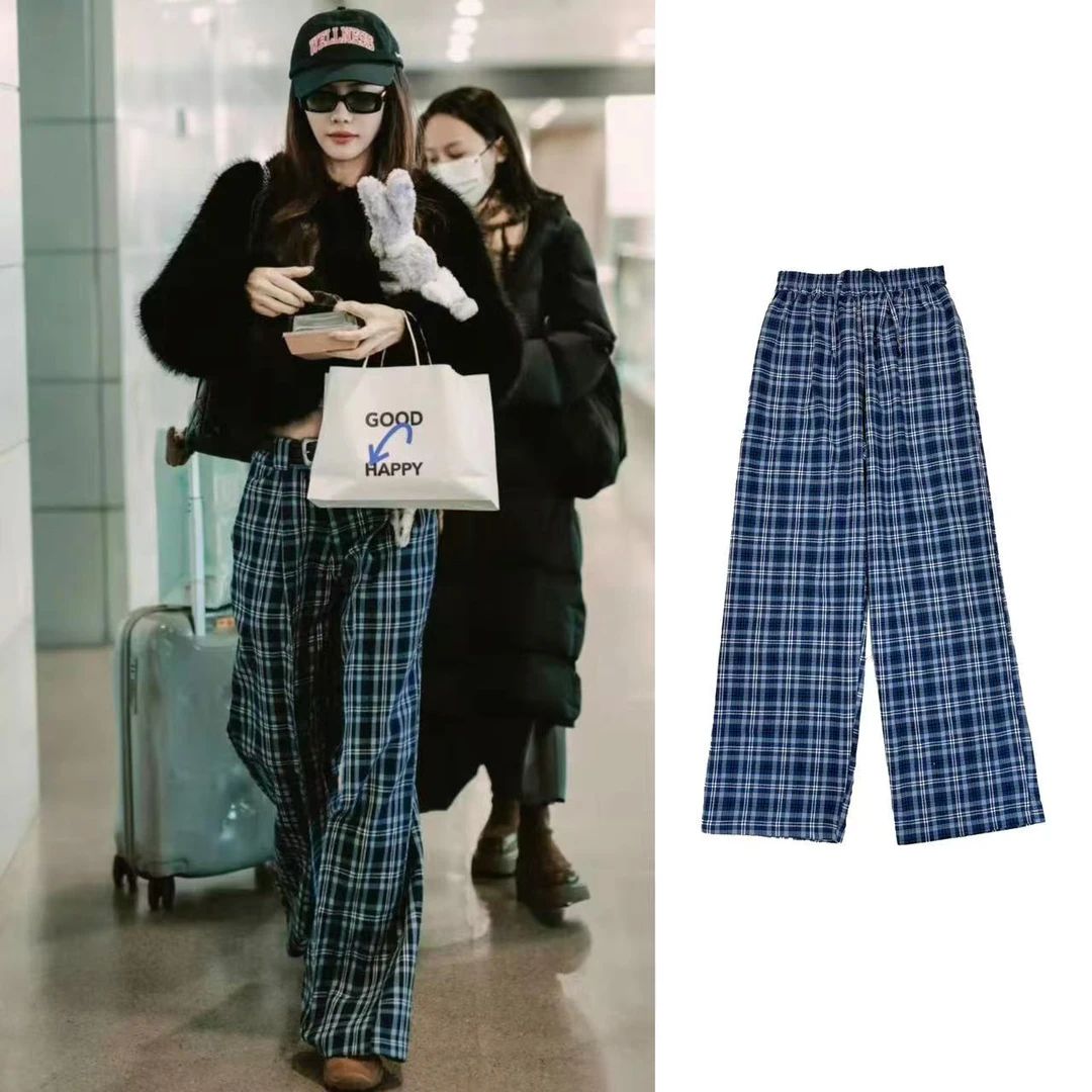 BottleMarchen-设计师品牌蔡文静同款格子休闲裤25 直筒拖地长裤