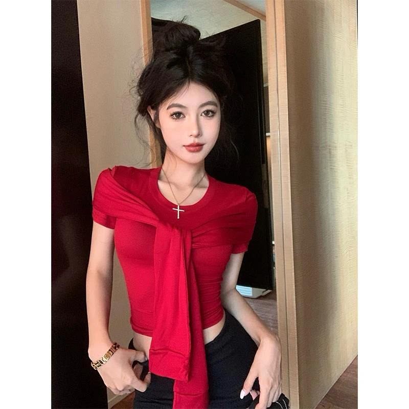 梦优莱纯欲辣妹风披肩假两件圆领正肩短袖T恤女夏季绑带设计上衣