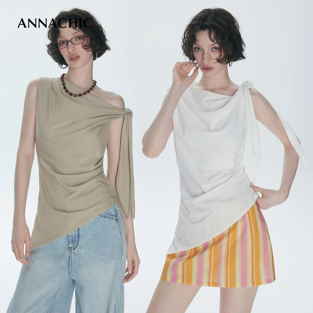 ANNACHIC一衣多穿_解构艺术褶皱/斜肩绑带无袖上衣女 露肩背心T恤