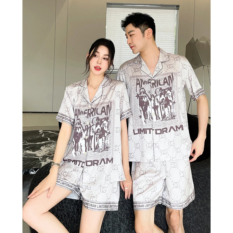 外贸轻奢情侣双短睡衣高级感冰丝丝绸温暖舒适家居服