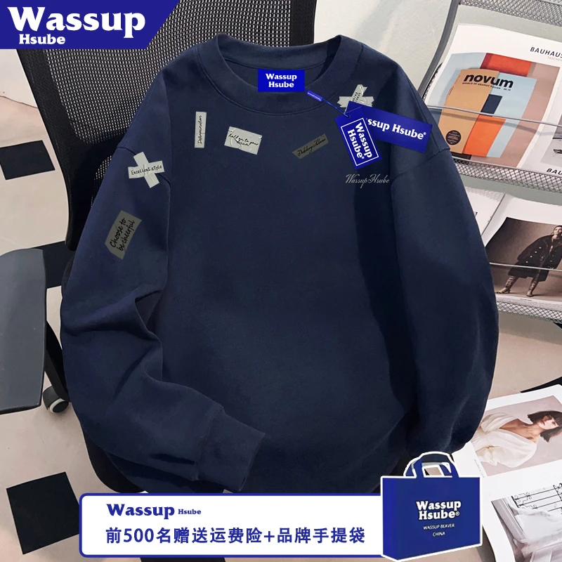 WASSUP HSUBE美式男女纯棉长袖胶带英文印花T恤秋季藏青色上衣ins