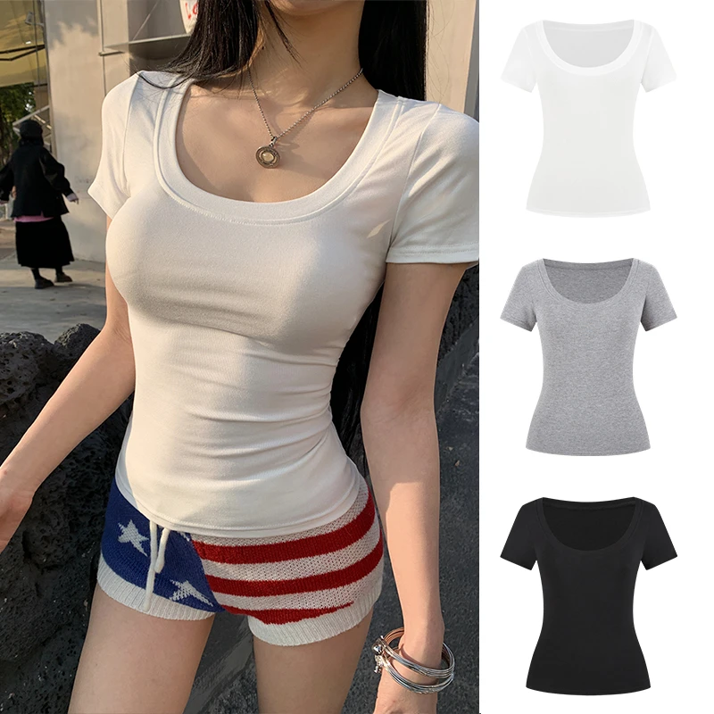 正肩短袖t恤女夏季2025新款辣妹风修身显瘦u领白色基础款短款上衣