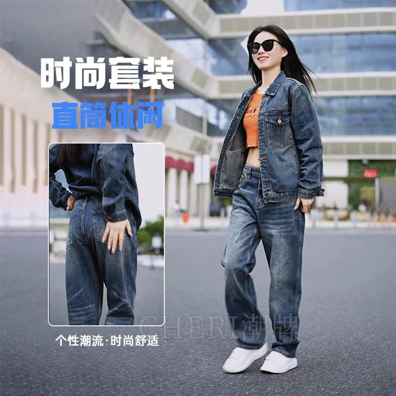 重磅复古翻领牛仔褂潮流韩版休闲秋冬工装牛仔套装时尚舒适外套