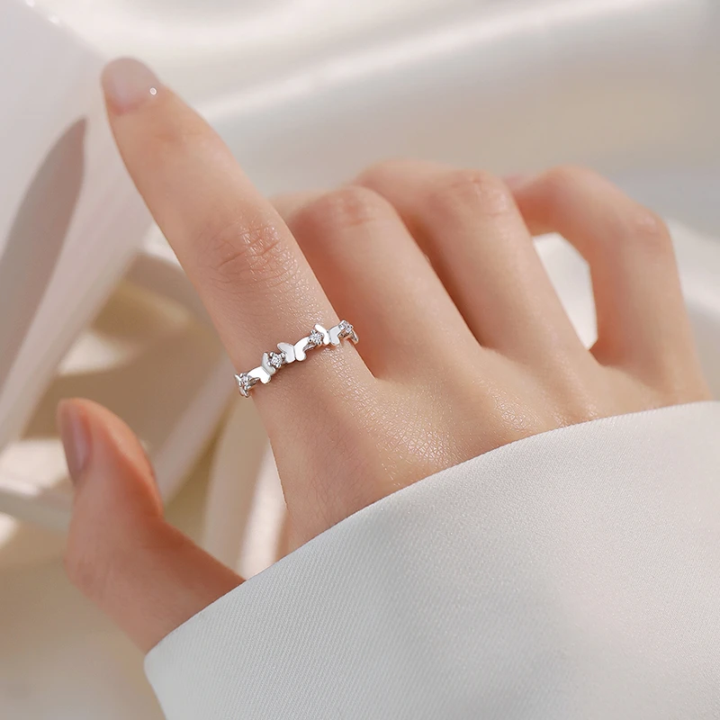 足银戒指 999纯银蝴蝶戒指轻奢气质开口戒甜美小清新可调节素圈女