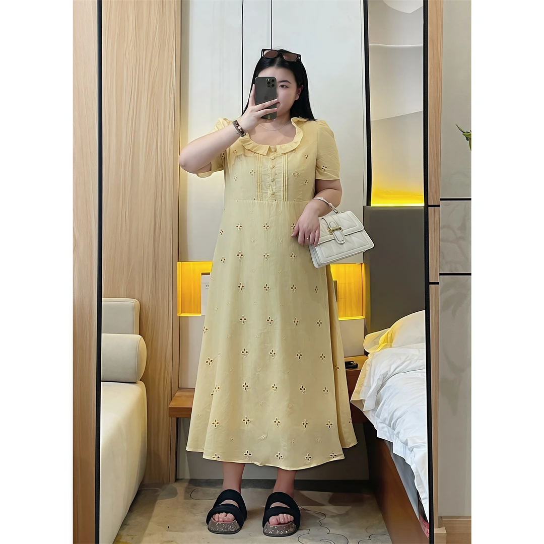 大码女装夏季潮流遮肉花契200斤胖mm田园风镂空刺绣连衣裙15366