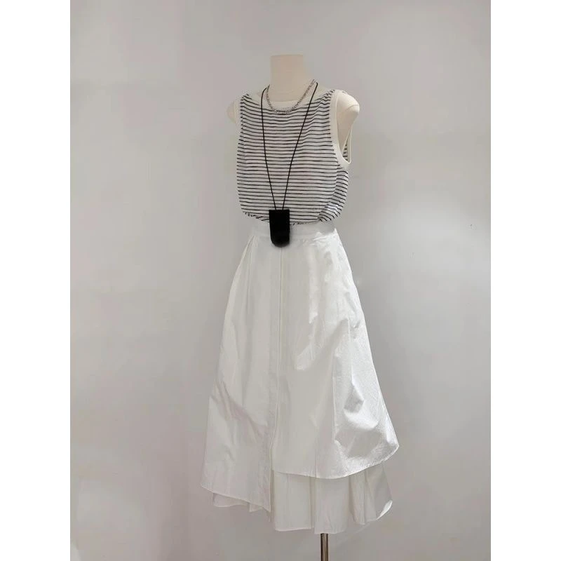 夏日ootd穿搭~一整套无袖条纹上衣白色半身裙气质套装女2025新款