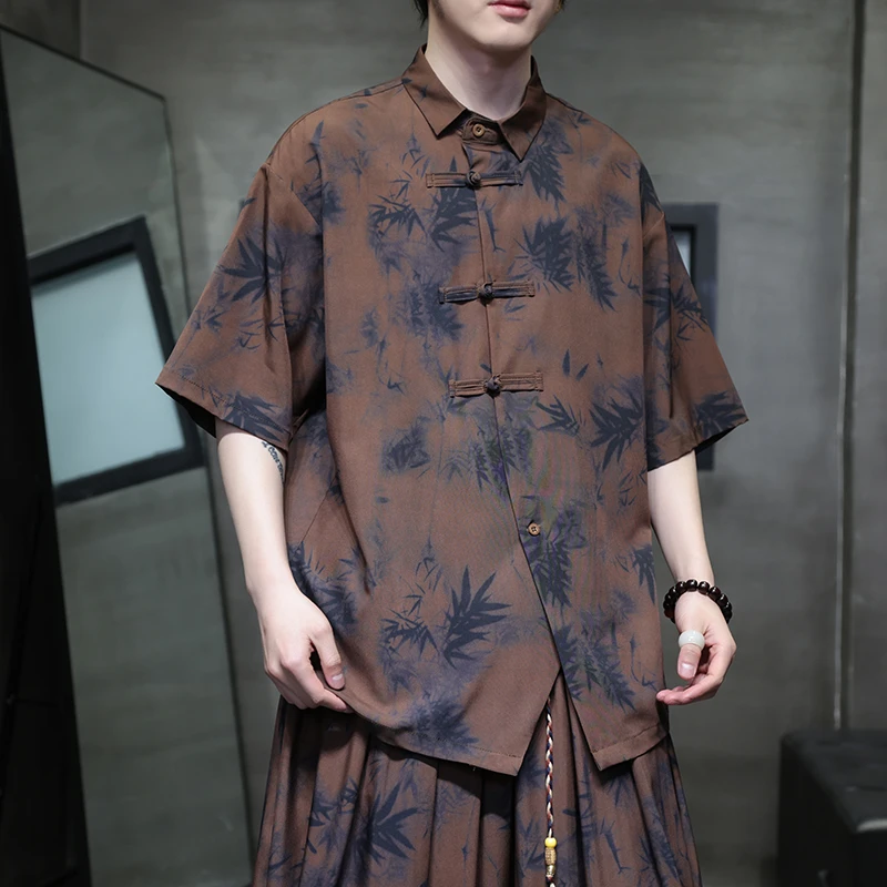 山本风不规则冰丝衬衫男短袖中国风夏季小众设计感扎染休闲衬衣潮
