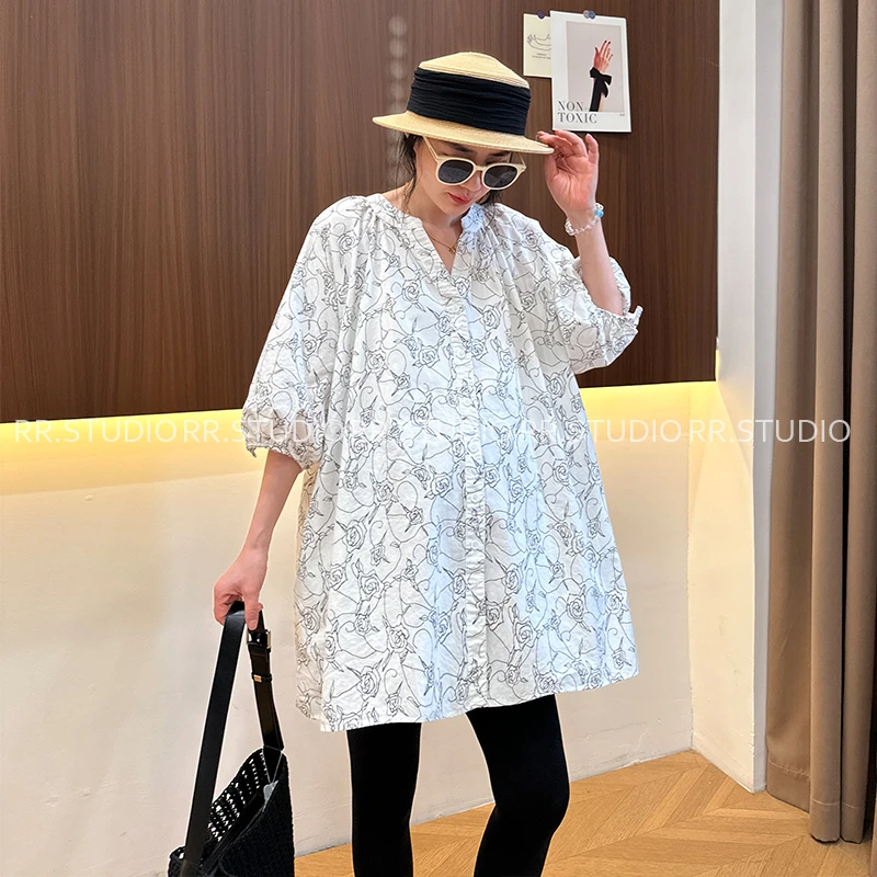 法式孕妇衬衫夏季新款洋气中长款百搭休闲山茶花印花上衣DY2080