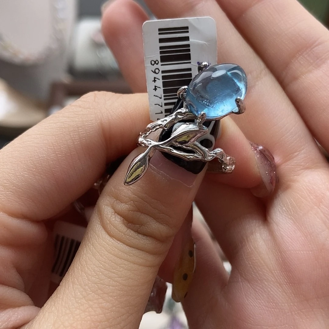 水晶戒指银S925镶嵌?****੭海蓝宝郁金香