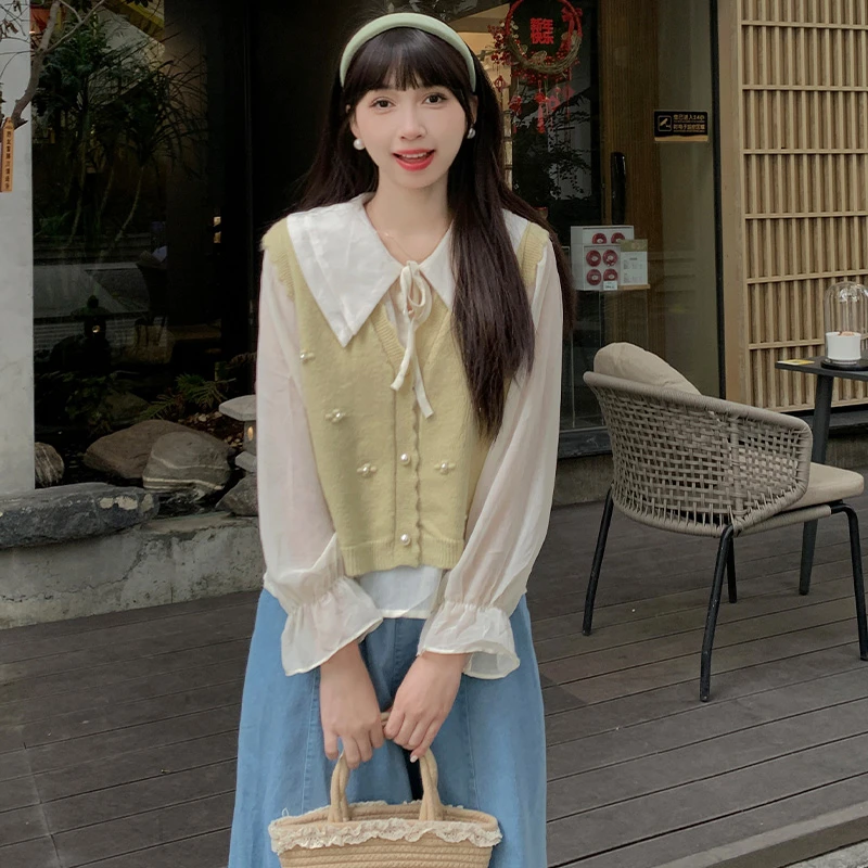 慕兔简约风百搭衬衫马甲两件套女2024春季新款设计感小众时尚套装