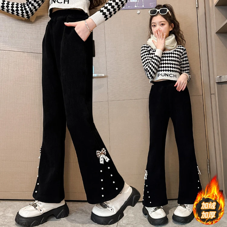 女童加绒裤子冬季洋气儿童一条过冬外穿女孩一体绒加厚保暖喇叭裤